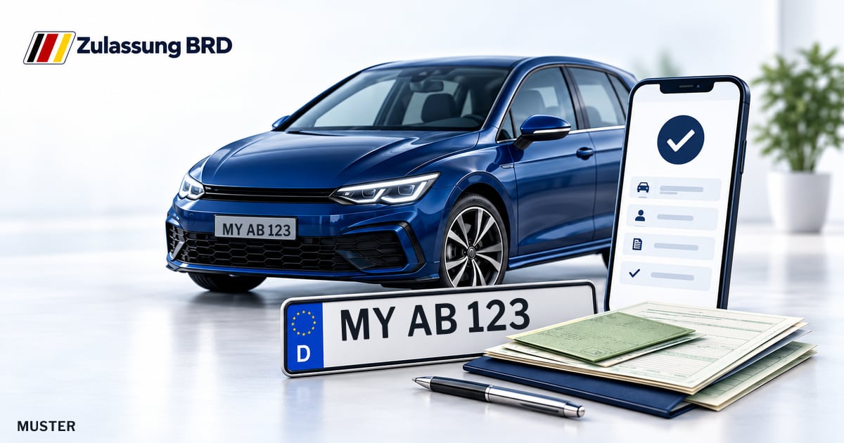 Online Fahrzeugzulassung in Mayen: Musterkennzeichen MY AB 123, Auto und Fahrzeugpapiere und Smartphone. Illustration mit Logo von Zulassung BRD.